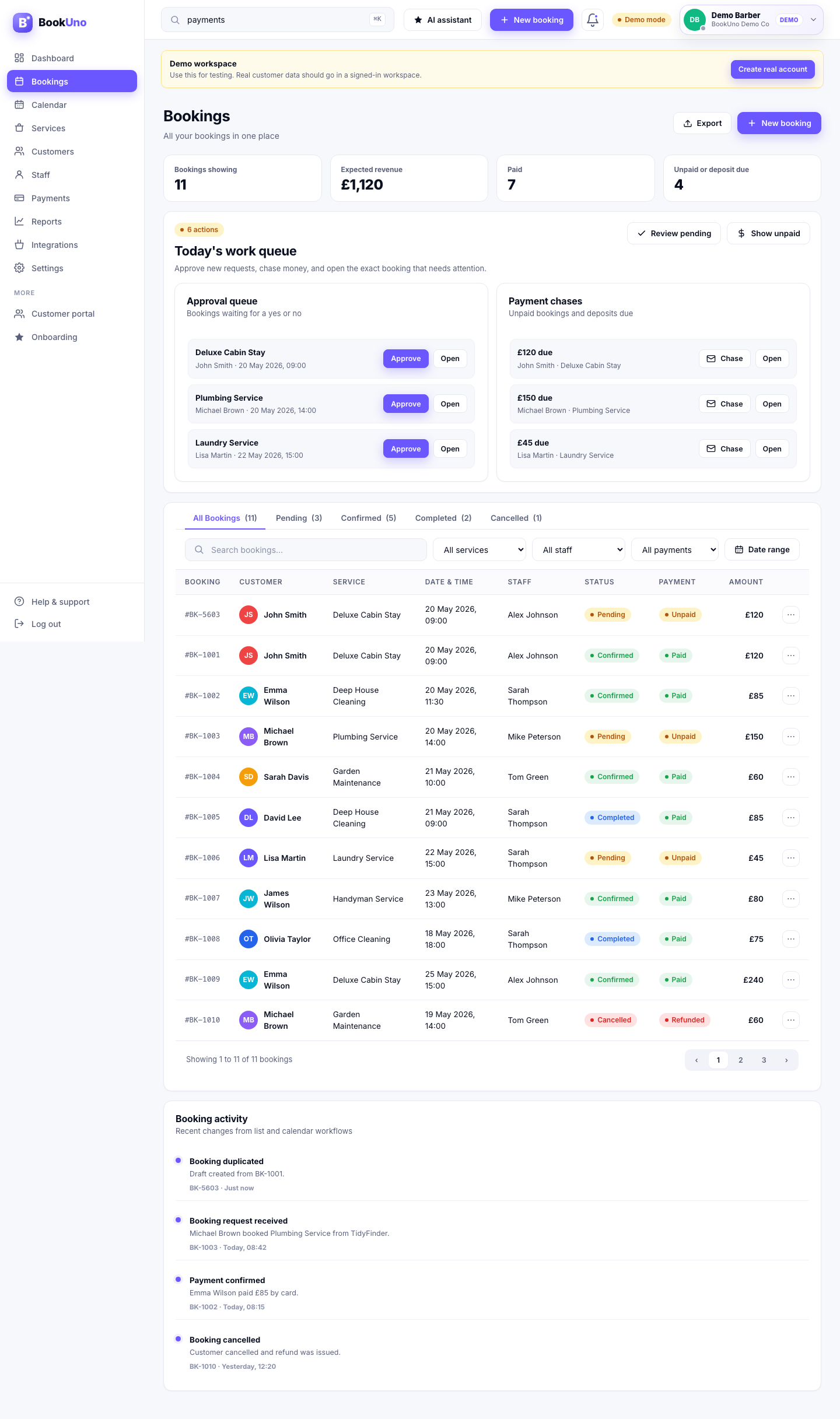Bookings workflow screenshot